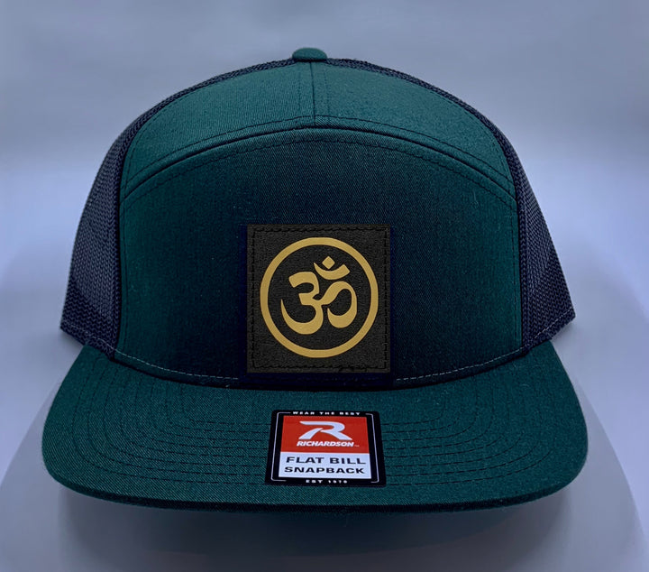 Skater Hat Green 4 Panel Flatbill Buddha Lid w Handmade Cannabis, Flower of Life, Merkaba, Om, Eye of Horus, Mushrooms, Compass, Yin Yang Sun, Tree of Life, Triquetra, Ganesha Patch over your Third Eye Yoga Buddha Gear