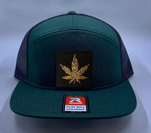 Load image into Gallery viewer, Cannabis Skater Hat Green 4 Panel Flatbill Buddha Lid w Handmade Cannabis Patch over your Third Eye  Cannabis - What can we say? It&#39;s making a major comeback in the health and healing industry, helping many people wean from their meds and get back their zest for life! (marijuana) ;-)  Buddha Gear