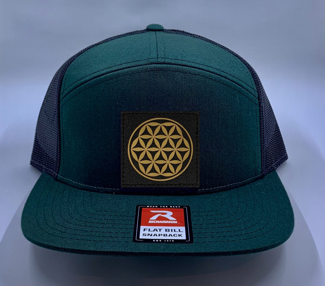 Skater Hat Green 4 Panel Flatbill Buddha Lid w Handmade Cannabis, Flower of Life, Merkaba, Om, Eye of Horus, Mushrooms, Compass, Yin Yang Sun, Tree of Life, Triquetra, Ganesha Patch over your Third Eye Buddha gear