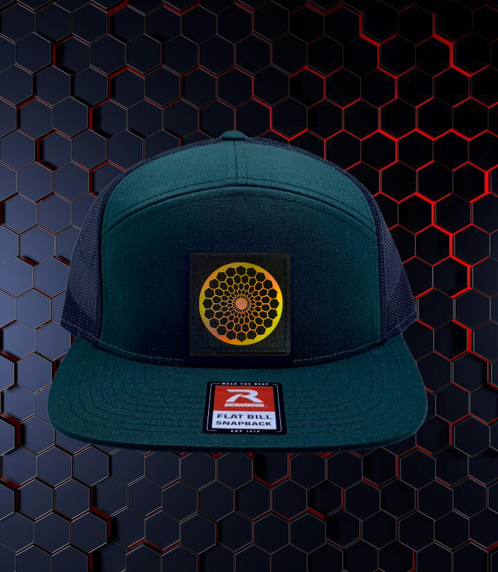 Green flat bill trucker hat by Buddha Gear w Beehive Buds CBD logo