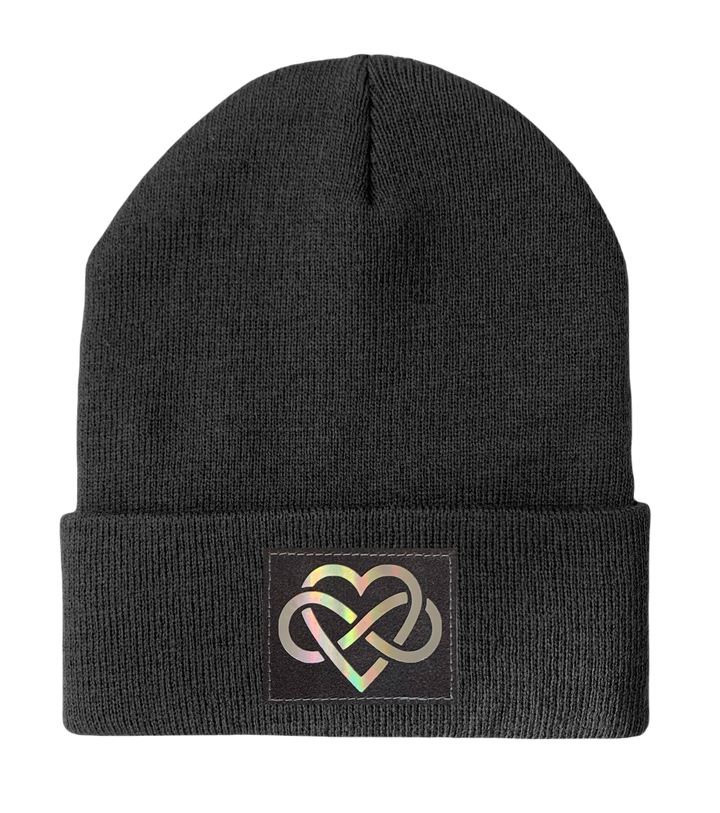 Beanie - Dark Grey Buddha Beanie with Hand Made Grey and Holographic Silver Vegan Leather Infinite Love patch