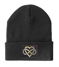 Load image into Gallery viewer, Beanie - Dark Grey Buddha Beanie with Hand Made Grey and Holographic Silver Vegan Leather Infinite Love patch