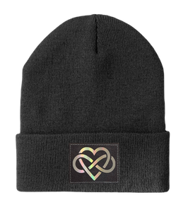 Beanie - Dark Grey Buddha Beanie with Hand Made Grey and Holographic Silver Vegan Leather Infinite Love patch
