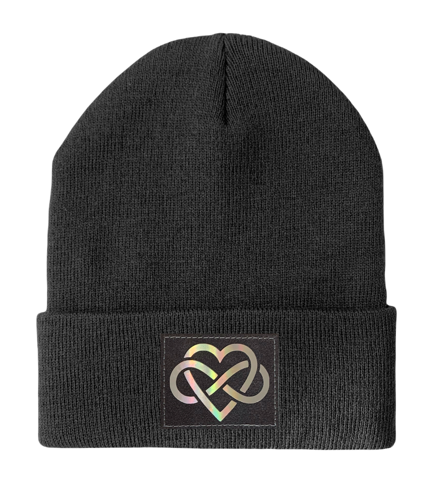 Beanie - Dark Grey Buddha Beanie with Hand Made Grey and Holographic Silver Vegan Leather Infinite Love patch