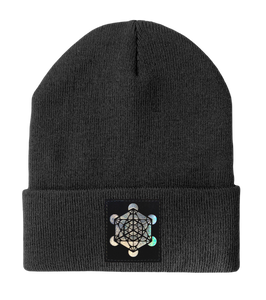 Dark Grey Beanie with Hand Made Grey/Holographic Silver Vegan Leather Patch over your third Eye