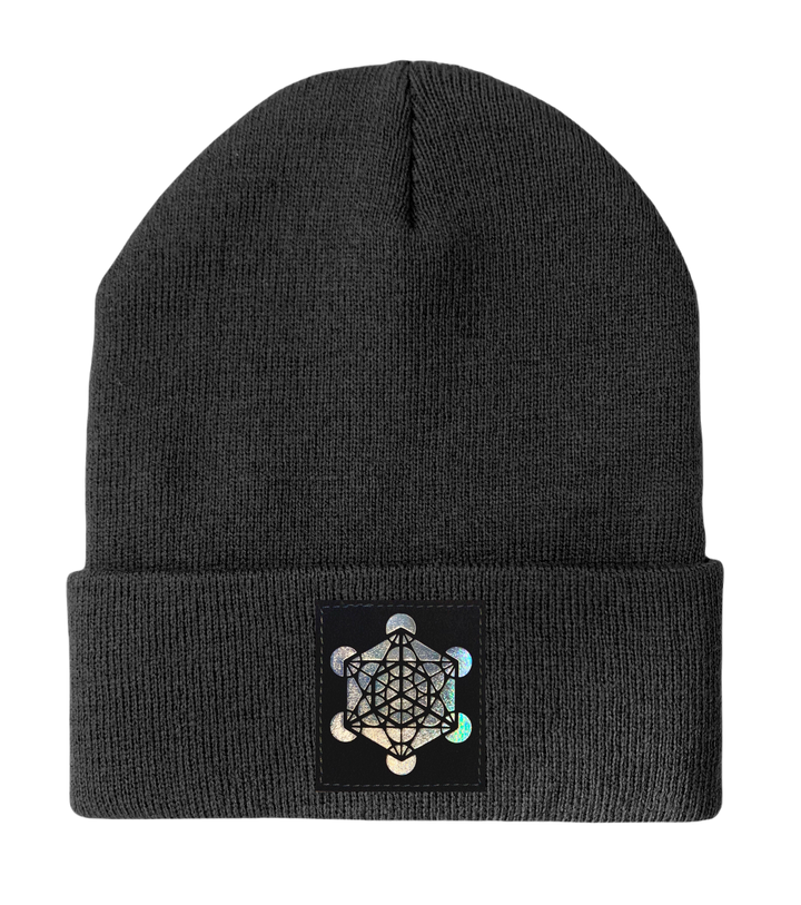 Beanie - Dark Grey w Hand Made Grey/Holographic Silver Vegan Leather Metatron's Cube Patch