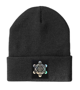 Beanie - Dark Grey w Hand Made Grey/Holographic Silver Vegan Leather Metatron's Cube Patch