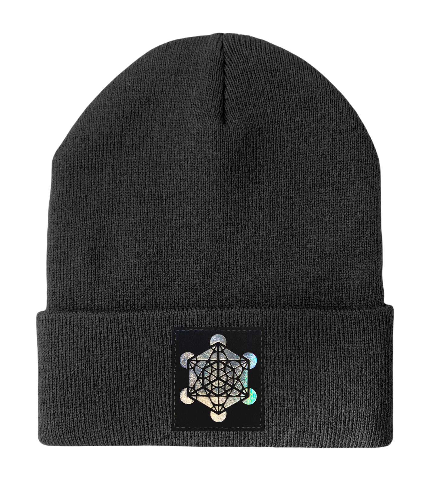 Dark Grey Beanie with Hand Made Grey/Holographic Silver Vegan Leather Patch over your third Eye