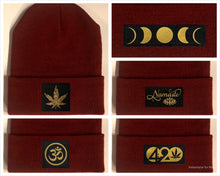 Load image into Gallery viewer, burgundy beanie w golden compass by buddha gear moon namaste lotus om 420