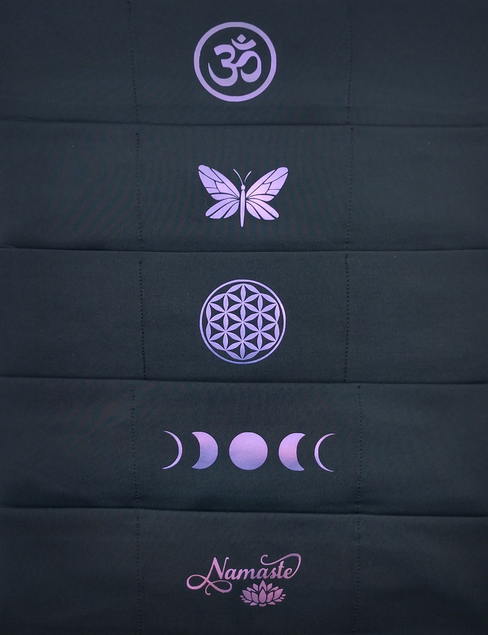 Sacred Geometry Buddha Band - Yoga, meditation headband Hand made Buddha Band with hidden pocket to hold a crystal over your third eye w Om, Butterfly, Flower of Life, Moon Phase, Namaste Symbol 