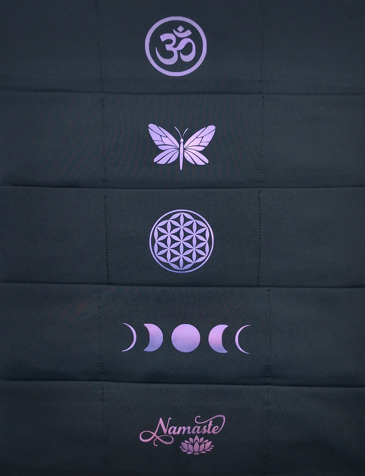 Sacred Geometry Buddha Band - Yoga, meditation headband Hand made Buddha Band with hidden pocket to hold a crystal over your third eye w Om, Butterfly, Flower of Life, Moon Phase, Namaste Symbol 