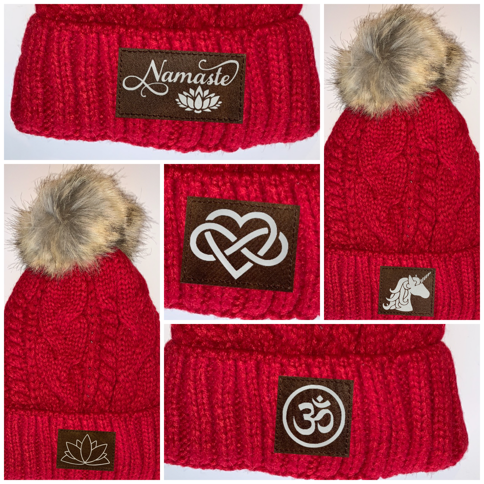 Buddha gear Red Plush Pom Pom Beanie with Unicorn, Om, Phoenix, Namaste, Lotus, Tree of Life, Moons, Infinite Heart or Cristian Fish / ichthus. Buddha Wear Buddha beanie