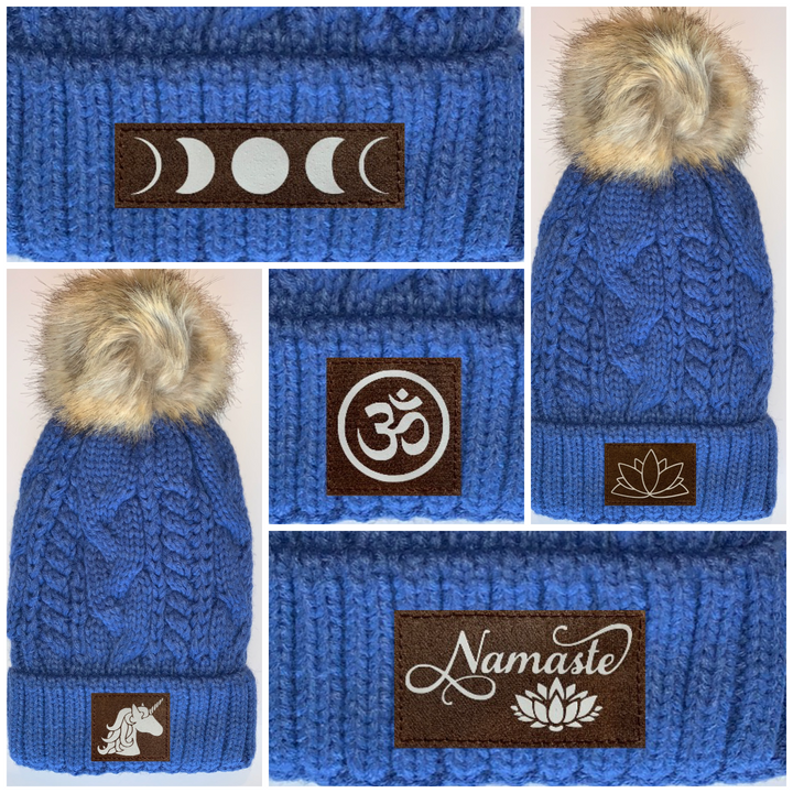 Buddha Gear Plush Blue, Blanket Lined Cable Knit, Pom Pom Beanie with Unicorn, Om, Phoenix, Namaste, Lotus, Tree of Life, Moons, Infinite Heart or Cristian Fish/ichthus Buddha Wear Buddha Beanies