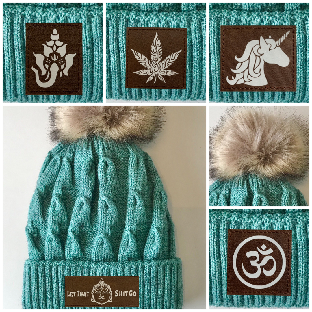 Buddha Gear Mint Plush Pom Pom Beanie with Moons, Namaste, Infinite Love, Unicorn, Tree of Life, Coffee, Om, Cannabis, Utah Mountains, Ganesha, Om, yoga, love, beanies, buddha clothing yoga wear