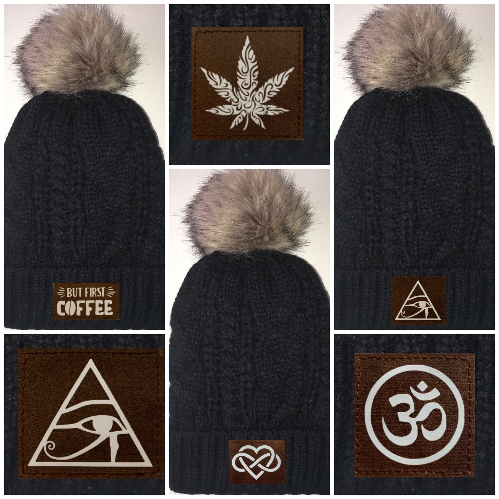 Beanies - Black, Cable Knit, Blanket Lined Pom Pom Beanie with Moons, Namaste, Infinite Love, Unicorn, Tree of Life, Coffee, Om, Cannabis, Utah Mountains, Ganesha, Om, Eye of Horus, Heavily Meditated