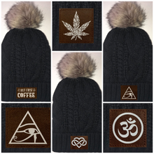 Load image into Gallery viewer, Beanies - Black, Cable Knit, Blanket Lined Pom Pom Beanie with Moons, Namaste, Infinite Love, Unicorn, Tree of Life, Coffee, Om, Cannabis, Utah Mountains, Ganesha, Om, Eye of Horus, Heavily Meditated