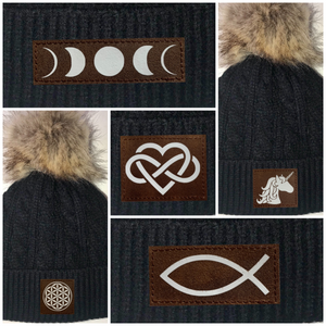 Beanies - Buddha Gear, Black Plush Baby Pom Pom Beanie with Om, Lotus, Moons, Tree of Life, Unicorn, Namaste, Infinite Love, Flower of Life & Ichthus. All Vegan, Hand Made Sacred Geometry Patches.