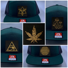 Load image into Gallery viewer, Buddha Gear Green 4 Panel Flatbill Buddha Lid w Handmade Cannabis Patch over your Third Eye  Cannabis - What can we say? It&#39;s making a major comeback in the health and healing industry, helping many people wean from their meds and get back their zest for life! (marijuana) ;-) Yoga skater hat