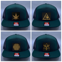 Load image into Gallery viewer, Skater hat Buddha gear Green 4 Panel Flatbill Buddha Lid w Handmade Cannabis Patch over your Third Eye  Cannabis - What can we say? It&#39;s making a major comeback in the health and healing industry, helping many people wean from their meds and get back their zest for life! (marijuana) ;-) 