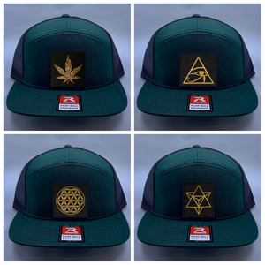 Skater hat Buddha gear Green 4 Panel Flatbill Buddha Lid w Handmade Cannabis Patch over your Third Eye  Cannabis - What can we say? It's making a major comeback in the health and healing industry, helping many people wean from their meds and get back their zest for life! (marijuana) ;-) 