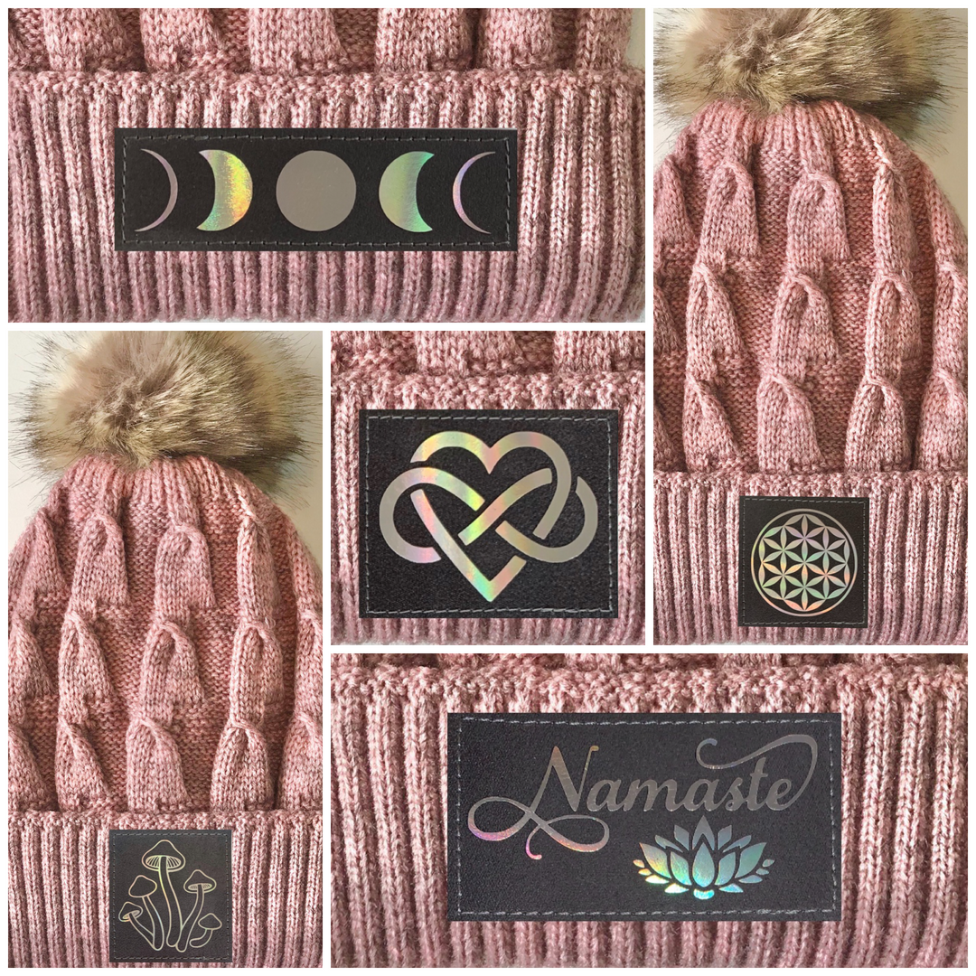 Pink Beanie Buddha Gear plush pom pom beanie with sacred symbols