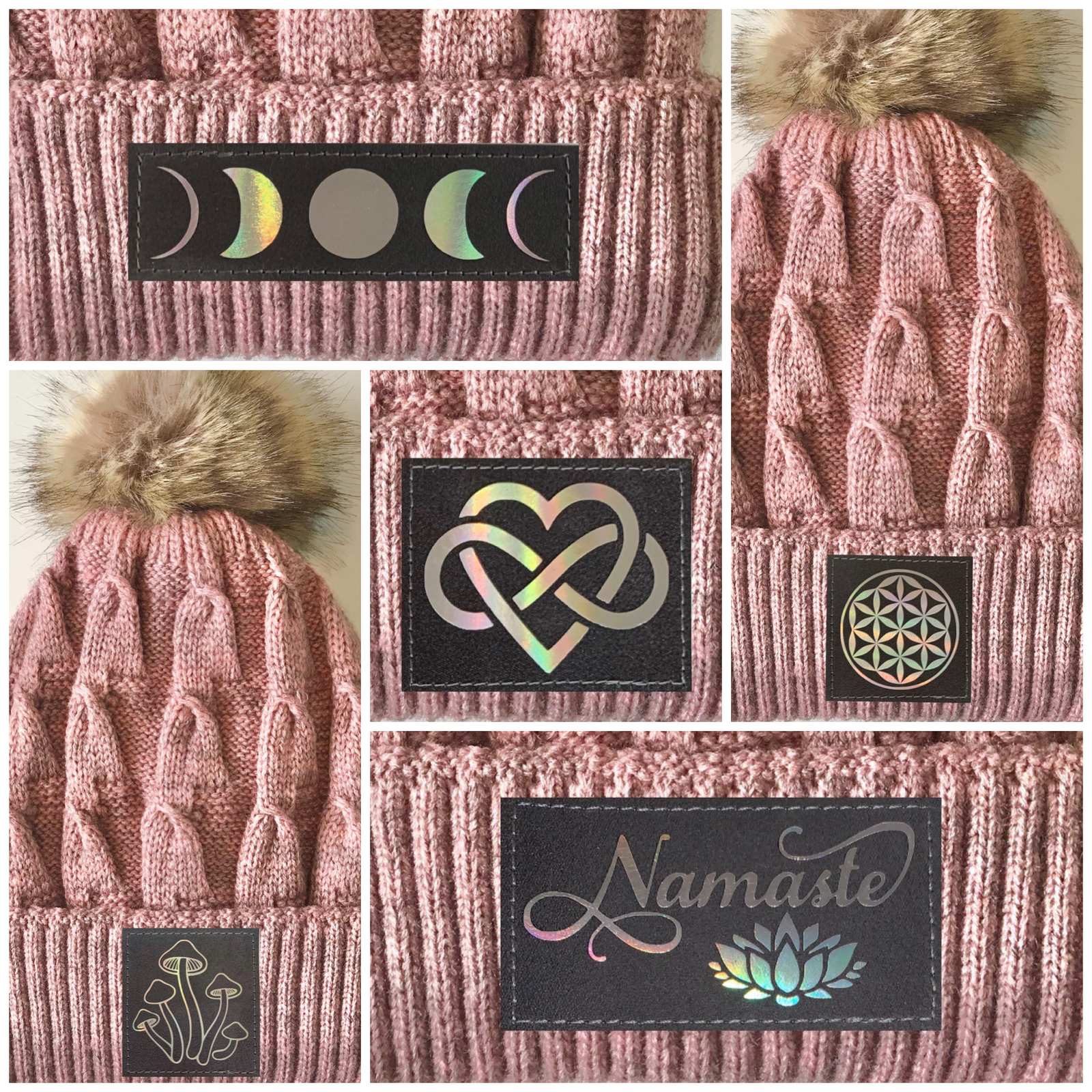 Pink Beanie Buddha Gear plush pom pom beanie with sacred symbols