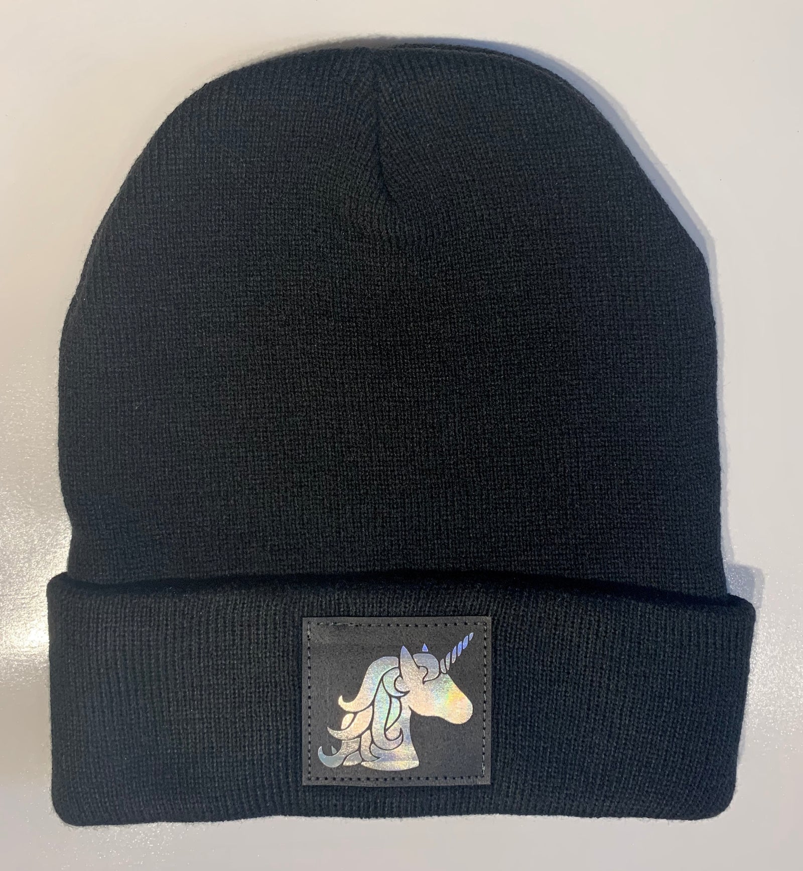Beanie - Black Buddha Beanie with Handmade Black & Holographic Silver Unicorn Patch over your Third Eye 🦄