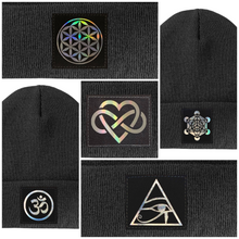 Load image into Gallery viewer, Beanie, Dark Grey with Hand Made Grey/Holographic Silver Vegan Leather Flower of Life Patch over your Third Eye