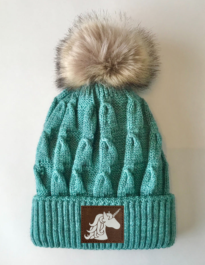 Beanies - Mint Plush, Blanket Lined, Marled Pom Pom Beanie with unicorn patch by Buddha Gear