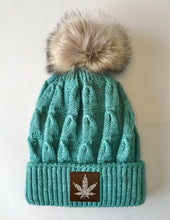 Load image into Gallery viewer, Beanies - Mint Plush, Blanket Lined, Marled Pom Pom Beanie with cannabis by Buddha Gear
