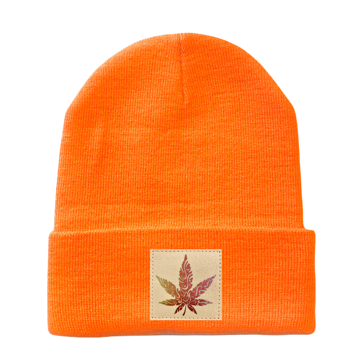 Neon Safety Orange Cuffed Beanie with Hand Made Vegan Leather Holographic Mushroom Patch over your Third eye, plant medicine hat by Buddha Gear 