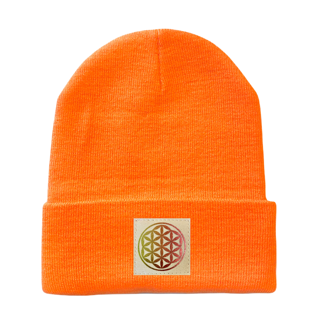 Neon Safety Orange Cuffed Beanie with Hand Made Vegan Leather Holographic Flower of Life over your Third eye, sacred geometry hat  by Buddha Gear 