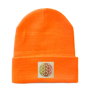 Neon Safety Orange Cuffed Beanie with Hand Made Vegan Leather Holographic Flower of Life over your Third eye, sacred geometry hat  by Buddha Gear 