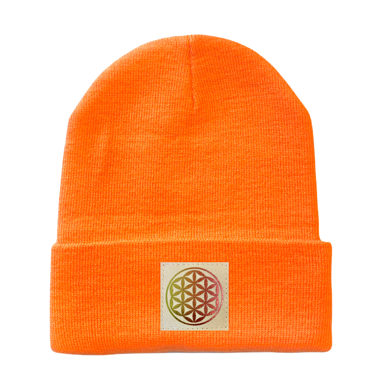 Neon Safety Orange Cuffed Beanie with Hand Made Vegan Leather Holographic Flower of Life over your Third eye, sacred geometry hat  by Buddha Gear 