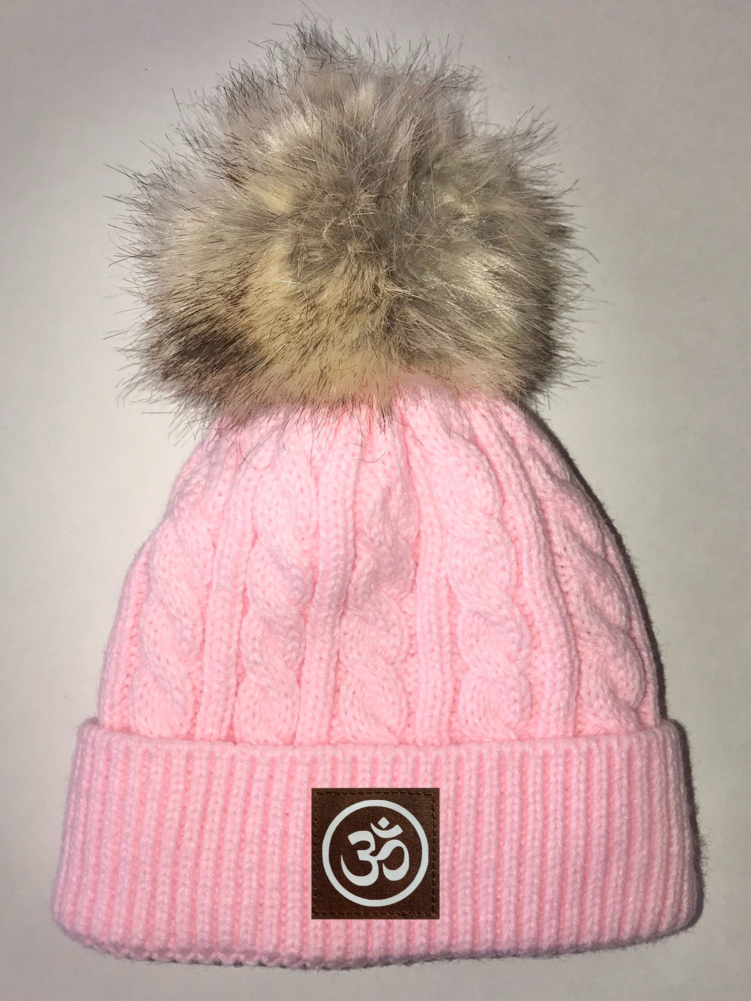 Buddha gear Yoga Wear Pink Plush Baby Pom Pom Beanie with Om, Lotus, Moons, Tree of Life, Unicorn, Namaste, Infinite Love, Flower of Life & Ichthus. All Vegan, Hand Made Patches Buddha Clothing