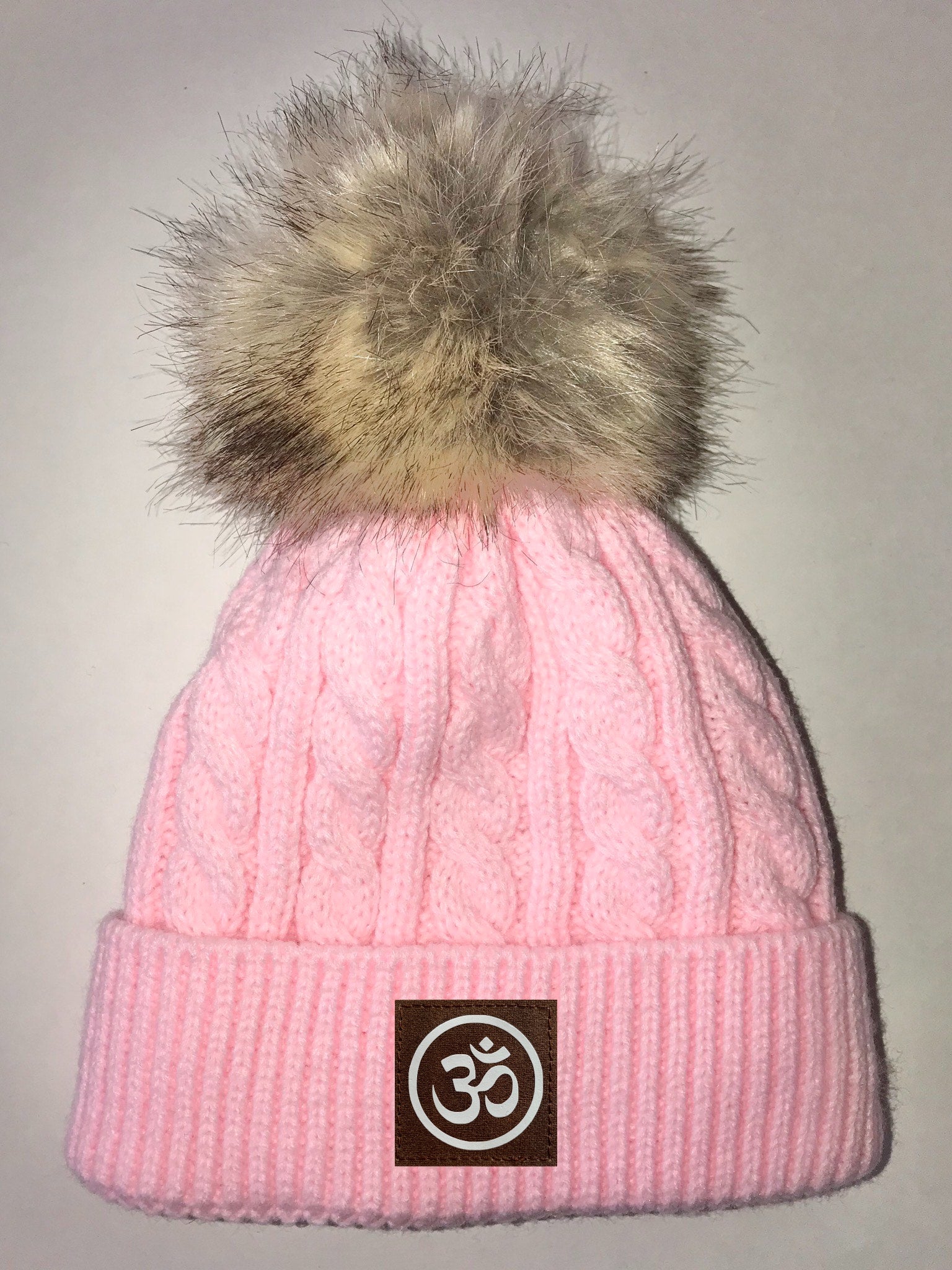 Buddha gear Yoga Wear Pink Plush Baby Pom Pom Beanie with Om, Lotus, Moons, Tree of Life, Unicorn, Namaste, Infinite Love, Flower of Life & Ichthus. All Vegan, Hand Made Patches Buddha Clothing