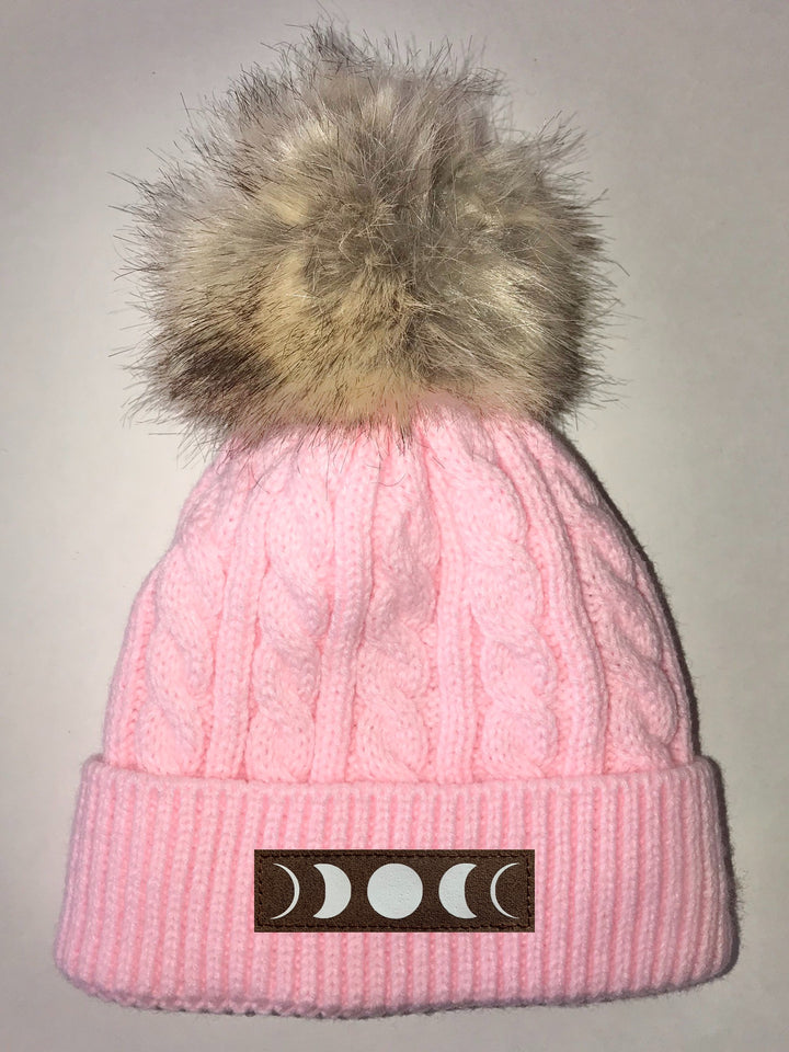 Yoga Wear Buddha Gear Pink Plush Baby Pom Pom Beanie with Om, Lotus, Moons, Tree of Life, Unicorn, Namaste, Infinite Love, Flower of Life & Ichthus. All Vegan, Hand Made Patches Yoga clothing