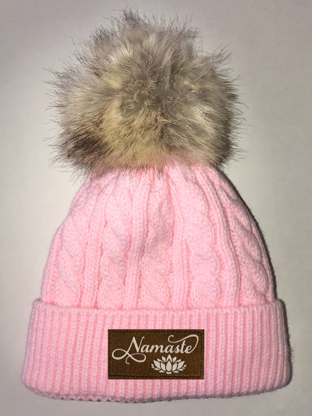 Pink Plush Baby Pom Pom Beanie with Om, Lotus, Moons, Tree of Life, Unicorn, Namaste, Infinite Love, Flower of Life & Ichthus. All Vegan, Hand Made Patches Buddha Gear Yoga Wear Yoga Clothing