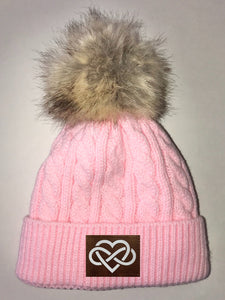 Buddha Gear Pink Plush Baby Pom Pom Beanie with Om, Lotus, Moons, Tree of Life, Unicorn, Namaste, Infinite Love, Flower of Life & Ichthus. All Vegan, Hand Made Patches Yoga clothing