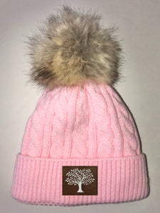 Yoga Clothing Buddha gear Pink Plush Baby Pom Pom Beanie with Om, Lotus, Moons, Tree of Life, Unicorn, Namaste, Infinite Love, Flower of Life & Ichthus. All Vegan, Hand Made Patches 