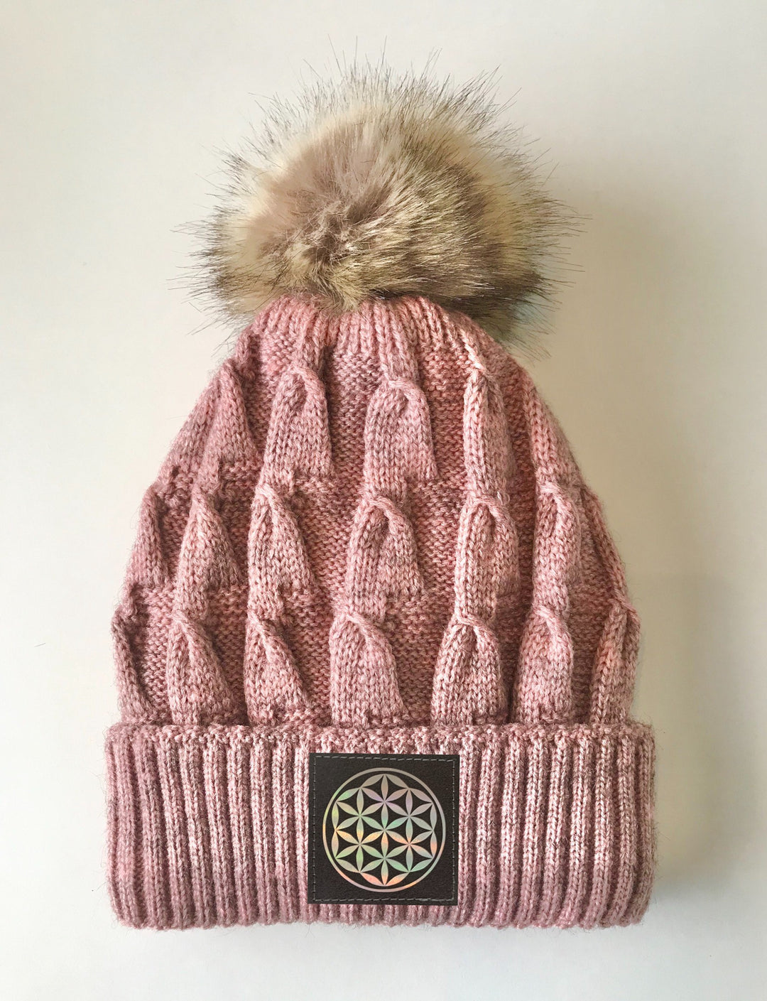 Flower of Life Pink Beanie Buddha Gear plush pom pom beanie with sacred symbols