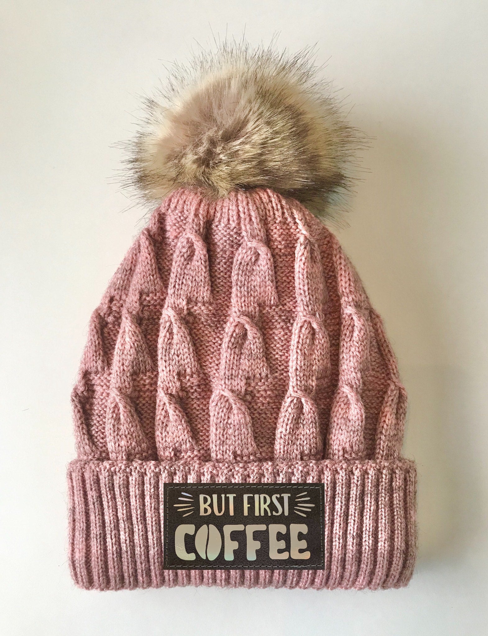 Coffee Pink Beanie Buddha Gear plush pom pom beanie with sacred symbols