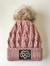 Load image into Gallery viewer, Infinite Love Pink Beanie Buddha Gear plush pom pom beanie with sacred symbols hearts