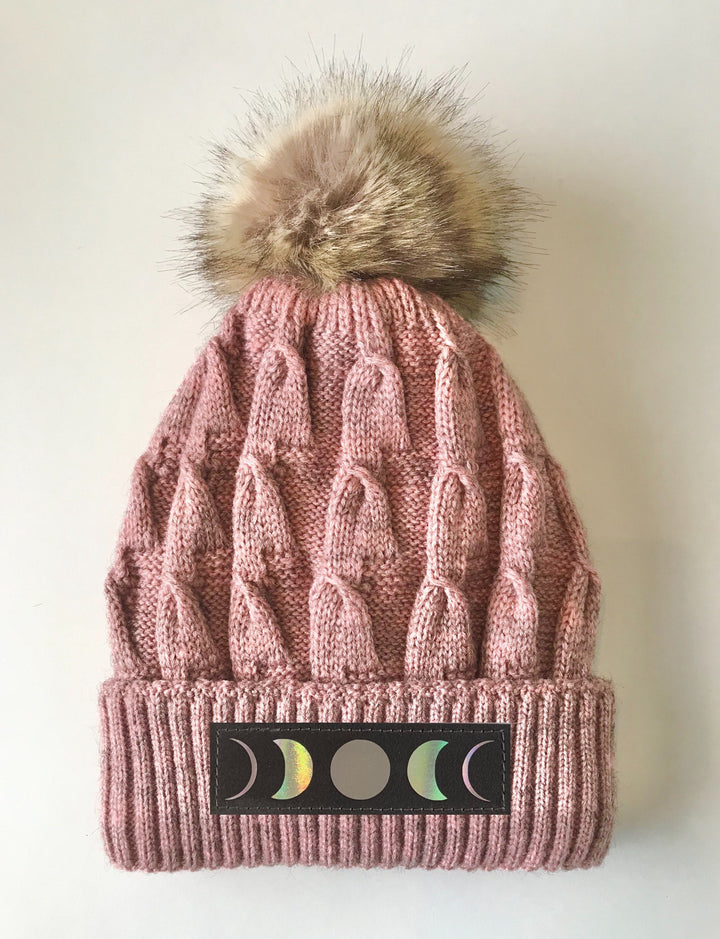 moons Pink Beanie Buddha Gear plush pom pom beanie with sacred symbols moon 