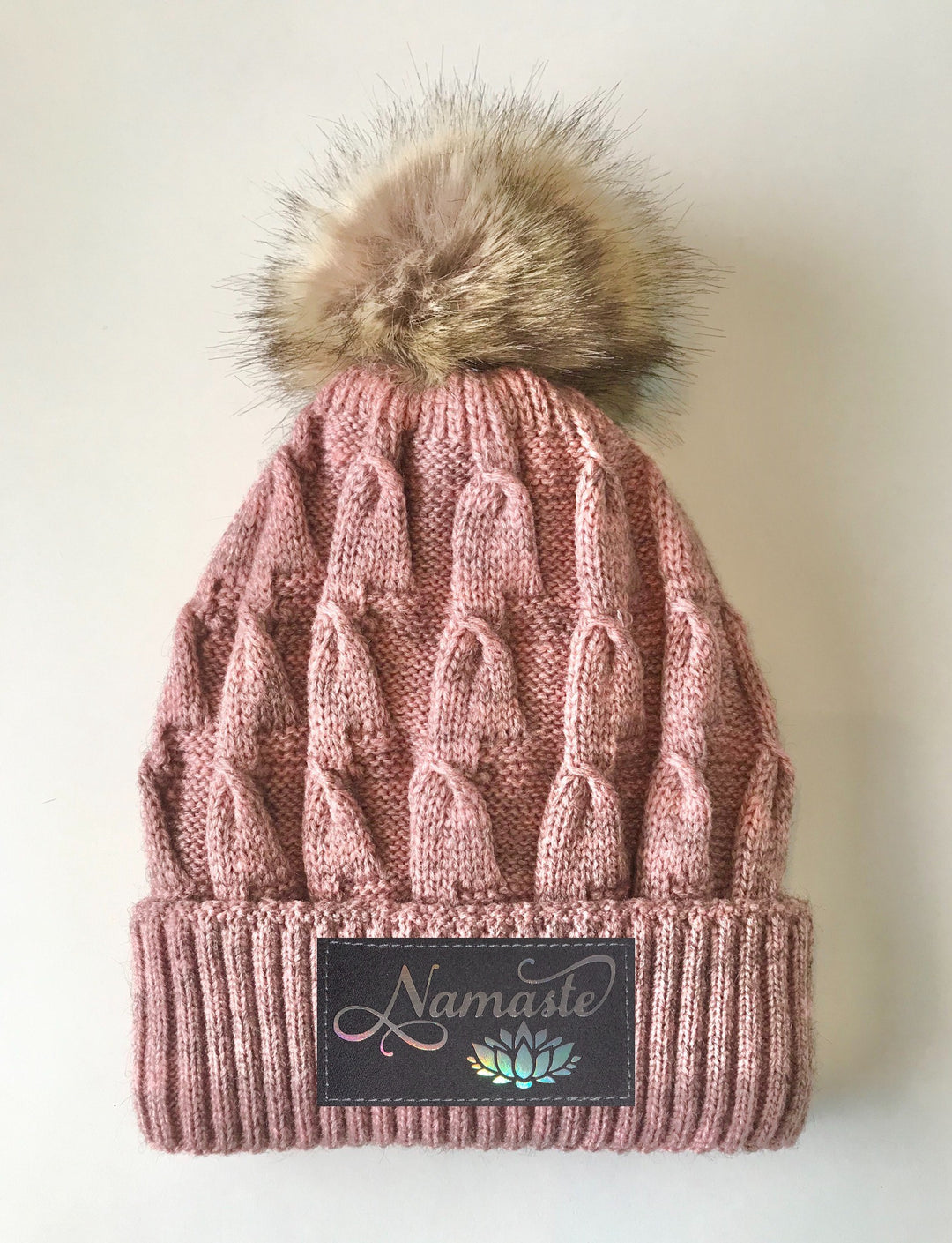 namaste Pink Beanie Buddha Gear plush pom pom beanie with sacred symbols lotus symbol 