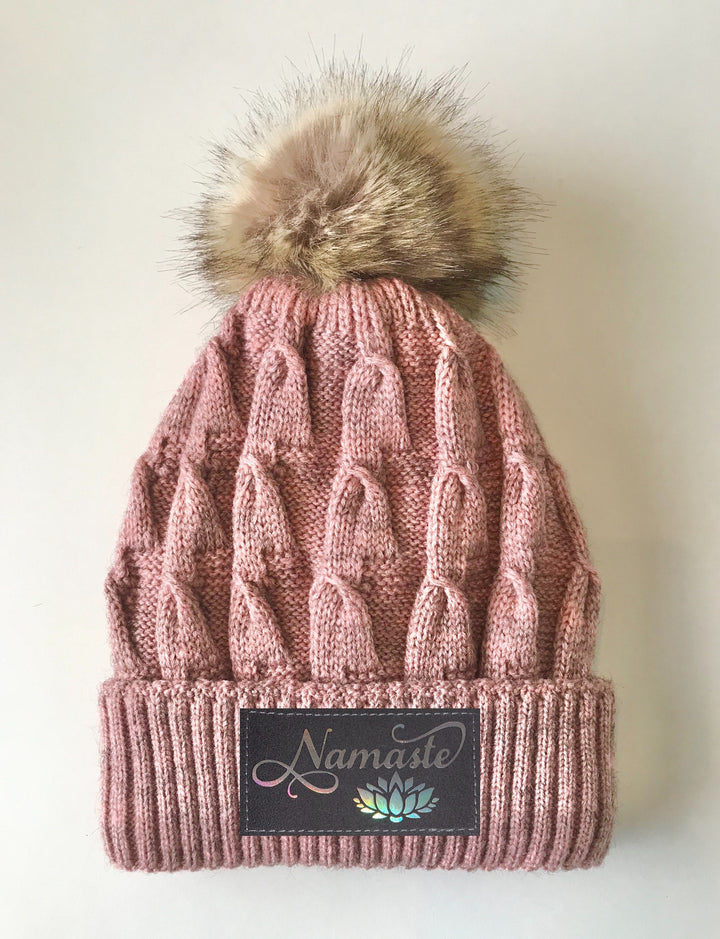 namaste Pink Beanie Buddha Gear plush pom pom beanie with sacred symbols lotus symbol 