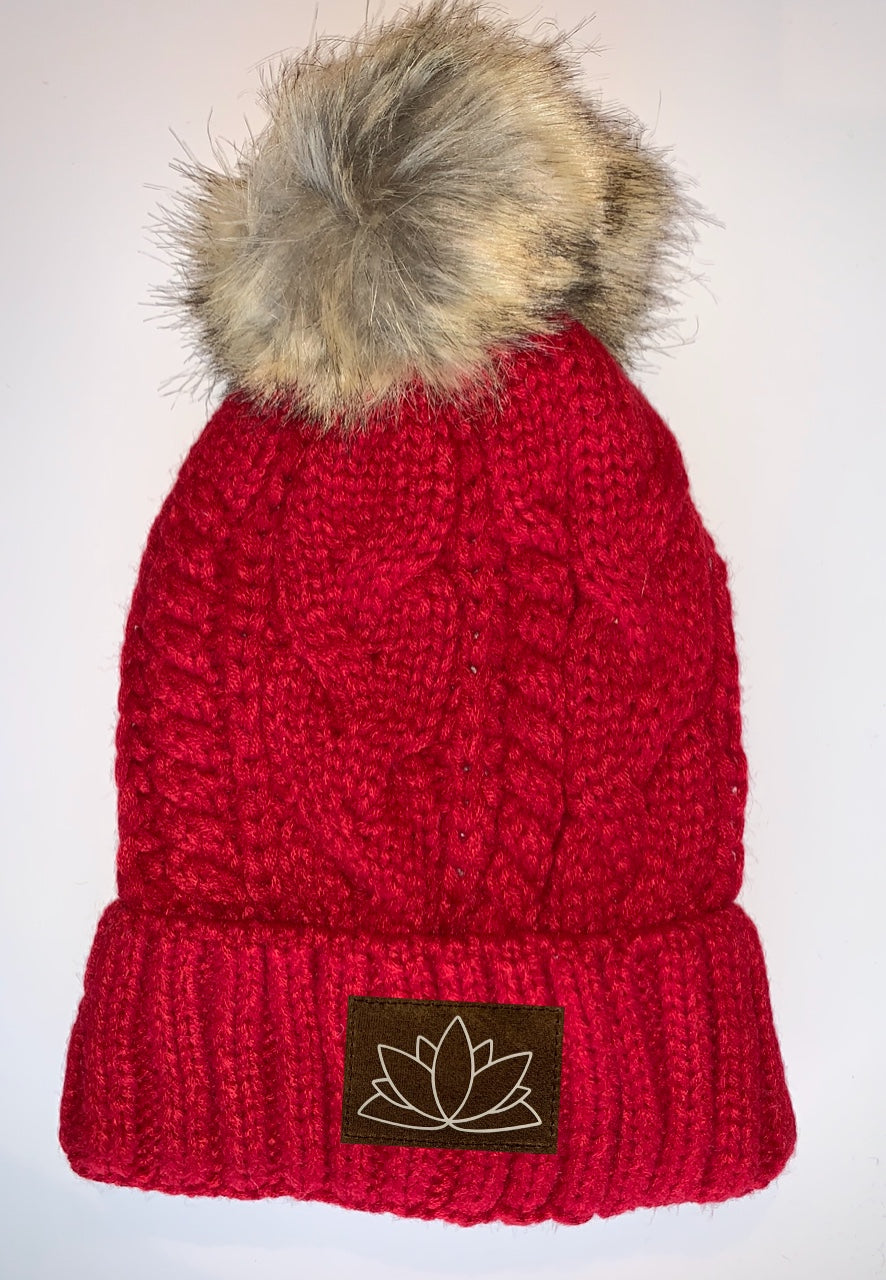Buddha Wear Buddha Gear Red Plush Pom Pom Beanie with Unicorn, Om, Phoenix, Namaste, Lotus, Tree of Life, Moons, Infinite Heart or Cristian Fish / ichthus.