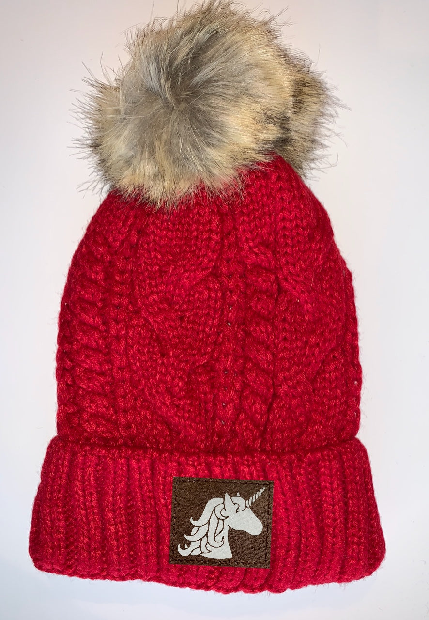 Red Plush Pom Pom Beanie with Unicorn, Om, Phoenix, Namaste, Lotus, Tree of Life, Moons, Infinite Heart or Cristian Fish / ichthus. Buddha Wear Buddha Gear