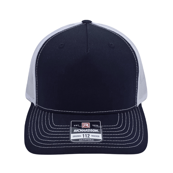 Richardson 112 original trucker hat, black/white five panel with black and holographic silver hand made vegan leather mushroom patch Buddha Gear