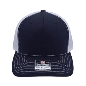 Richardson 112 original trucker hat, black/white five panel with black and holographic silver hand made vegan leather mushroom patch Buddha Gear